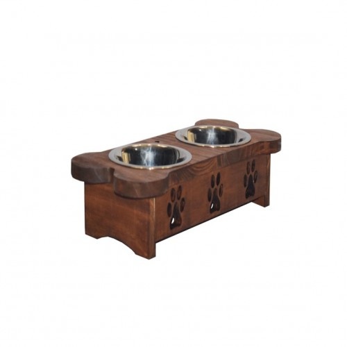 Comedouro para cães em formato de osso com 2 tigelas, cor madeira escura.