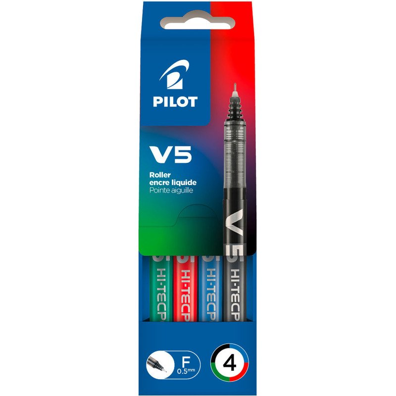 Stylo roller Pilot Hi-tecpoint V5 écriture fine. Pochette de 4 couleurs classiques