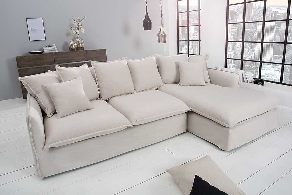 Großes Ecksofa HEAVEN 255cm natur beige Leinenstoff Federkern inkl. Kissen