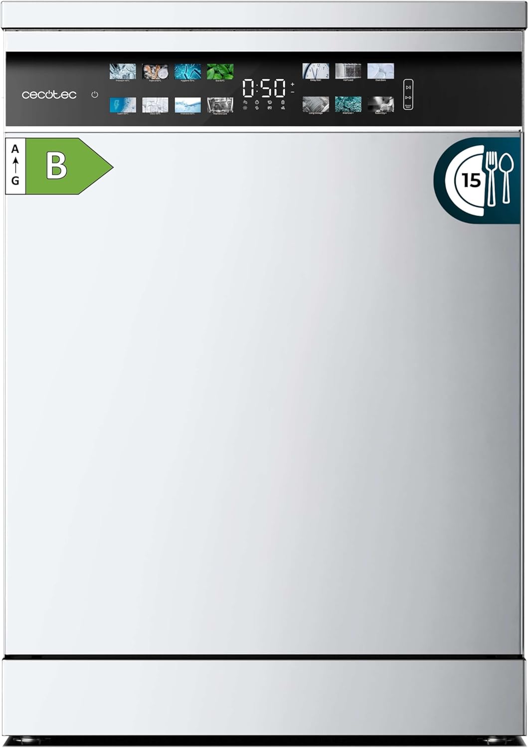 Cecotec Geschirrspüler 60 cm - Freistehend Bolero Aguazero 6700 B. 15 Bestecke, energieeffizient, Inverter Plus Motor, XXL Fullcolor Display, drittes Fach, Turbo Dry+, Dual Zone Wash, WeiÃŸ