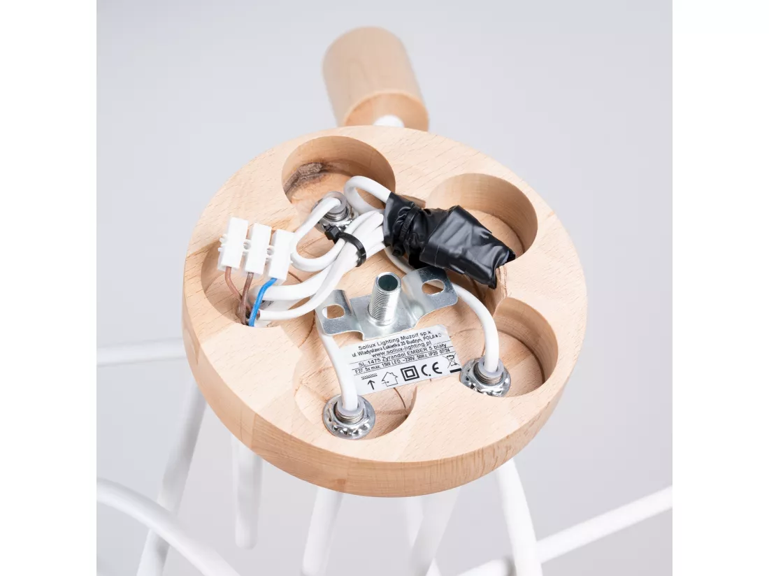Lustre Ember minimaliste en acier/bois - 5 sources lumineuses - L.15 x H.26 cm - blanc/bois naturel
