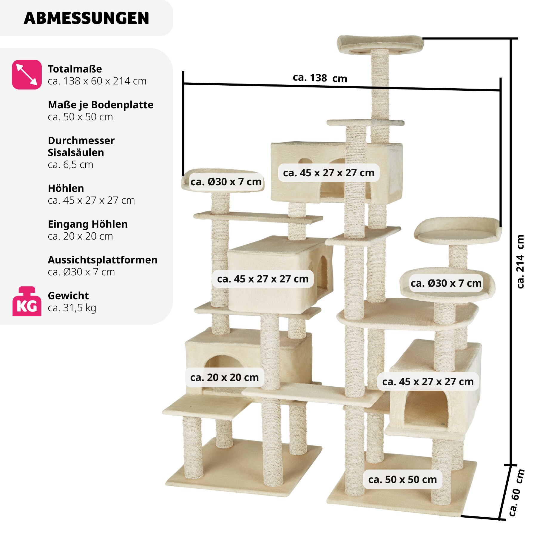 tectake® Kratzbaum, 214 cm, mit 4 Katzenhäusern, inklusive Kippschutz