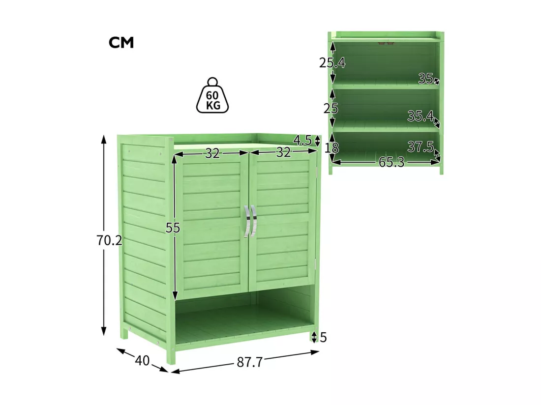 Abri de jardin en bois traité comprenant une grande cabane à outils et deux petits modules de stockage couleur vert nature