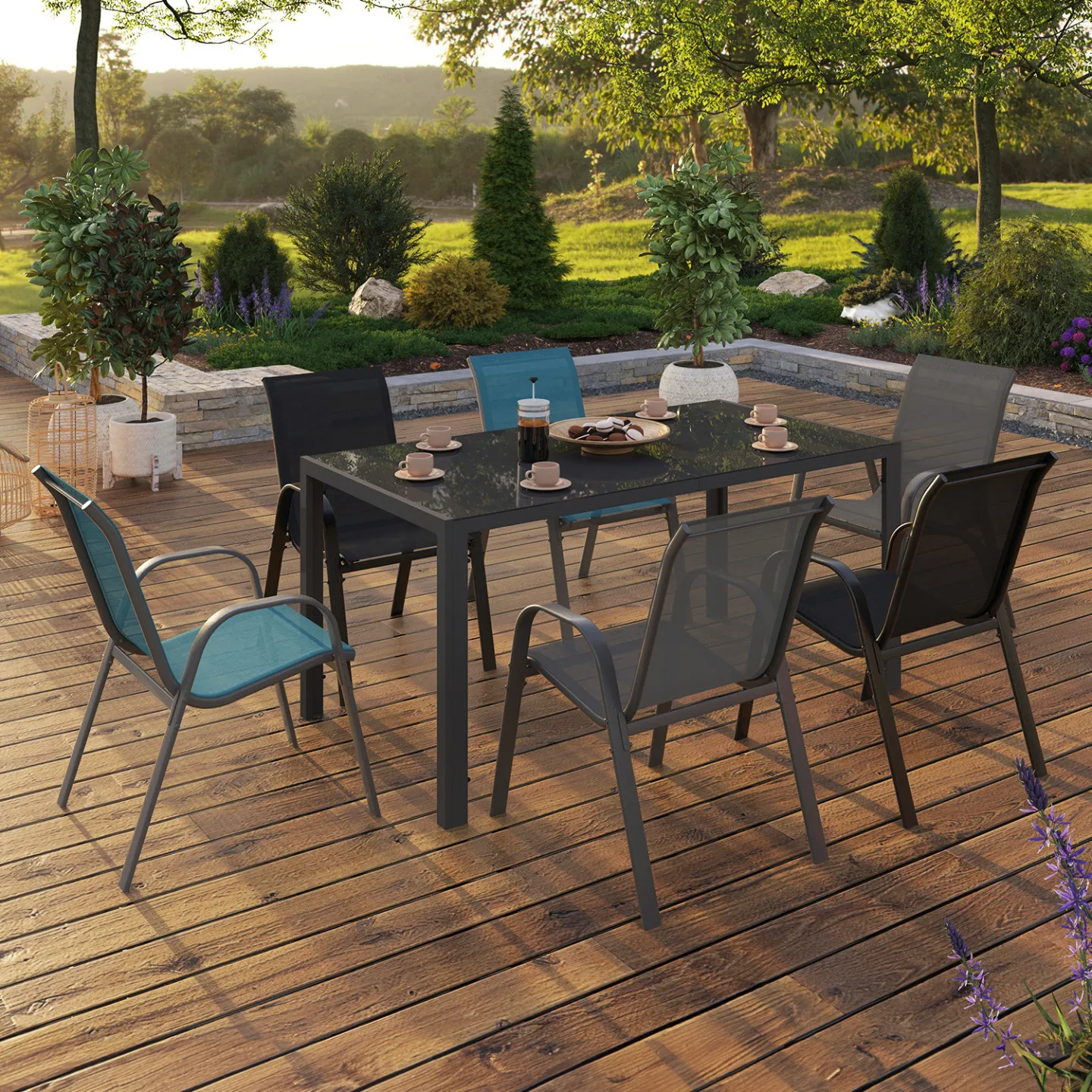 Salon de jardin MADRID table 150 CM et 6 chaises empilables mix color gris, noir et bleu