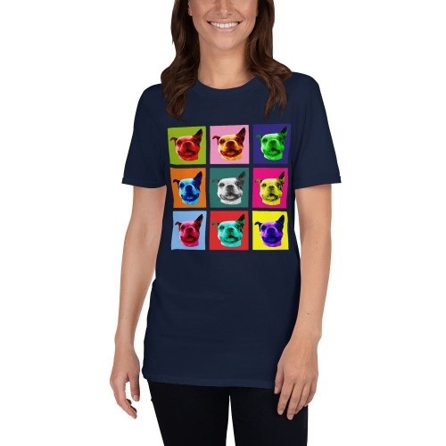 Camiseta feminina Mascochula, estilo Warhol, personalizada com a foto do seu animal de estimação azul-marinho.