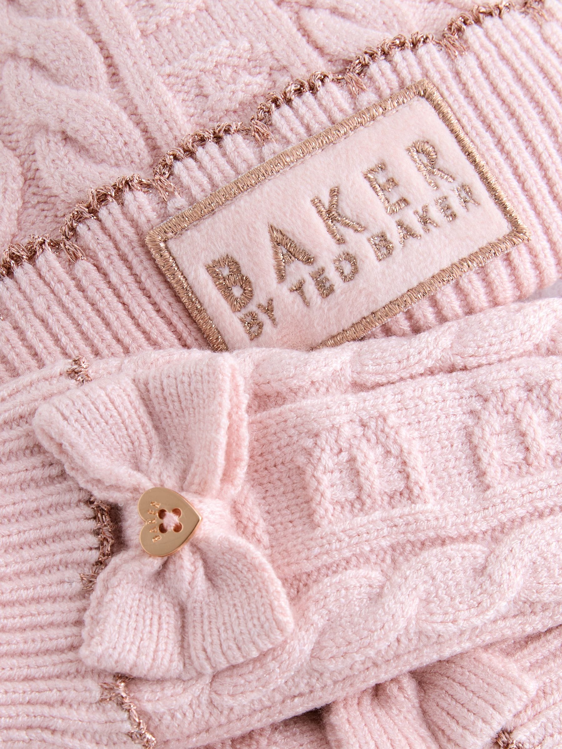 Baker by Ted Baker - Meisjes roze kabelgebreide muts en wanten set