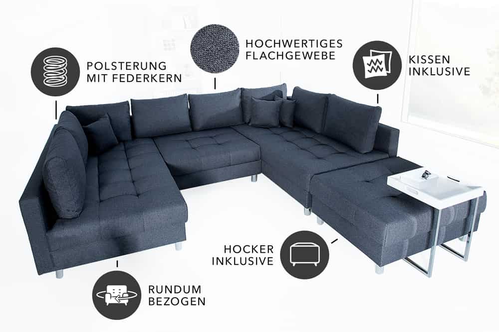Moderne XXL Wohnlandschaft KENT 305cm anthrazit Federkern Bigsofa inkl. Hocker