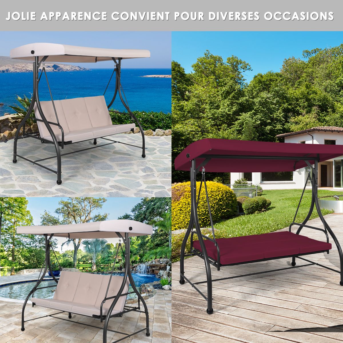 Balancelle d'Extérieur Convertible Jardin Porche Avec Sièges à Coussins Auvent Réglable et Cadre en Métal Enduit Hamac 3 Places Beige - Lidl-Manfred