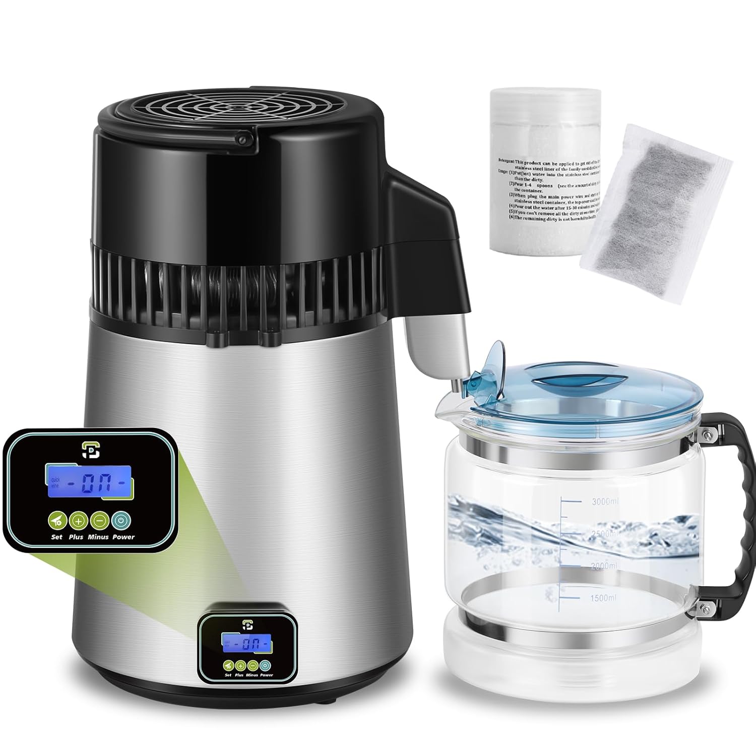 Wasser Destilliergerät Edelstahl mit Glaskanne Digitaler Wasserdestillierer wasserdestilliergeräte trinkwasser 1L / H wasserdestilliergeräte Wasser herstellen Distilleranlage