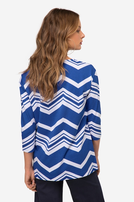 T-Shirt, oversized, Zacken Muster, U-Boot-Ausschnitt, 3/4-Ärmel