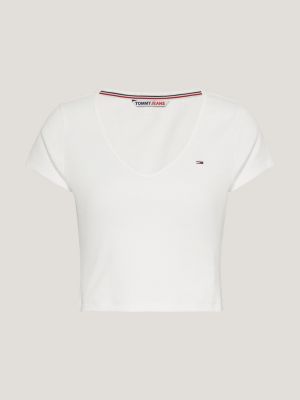 Camiseta cropped canelada essencial com decote em V