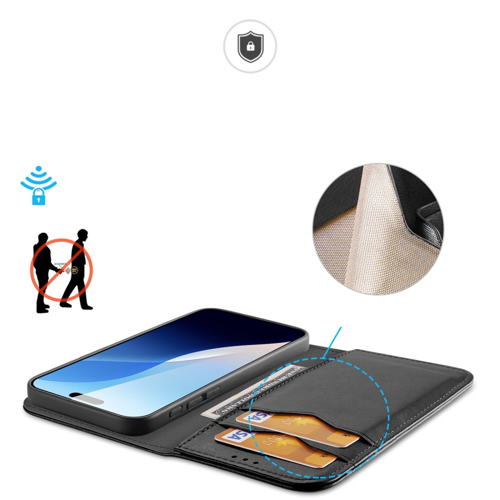 iPhone 16 Pro Flip Wallet Cover Echtleder Tasche (RFID Schutz) - Schwarz