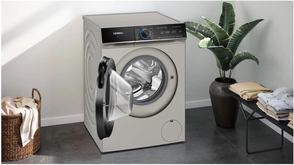 Siemens WG44B20X40 Waschmaschine iQ700, Frontlader mit 9kg Fassungsvermögen, 1400 UpM, speedPack XL, Home Connect, Anti Flecken System, LED-Display, Silber-inox, 60cm