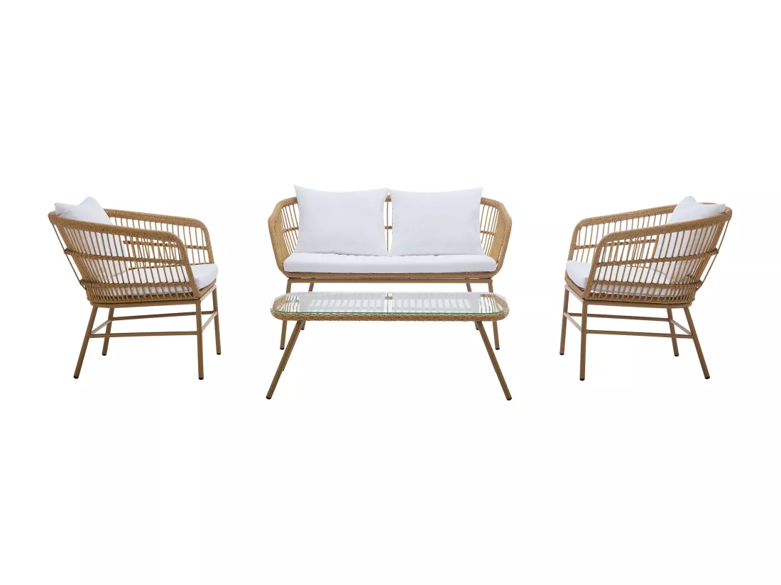 Salon de jardin en résine tressée : 1 canapé 2 places, 2 fauteuils et 1 table basse - Naturel clair - LOUSINI de MYLIA