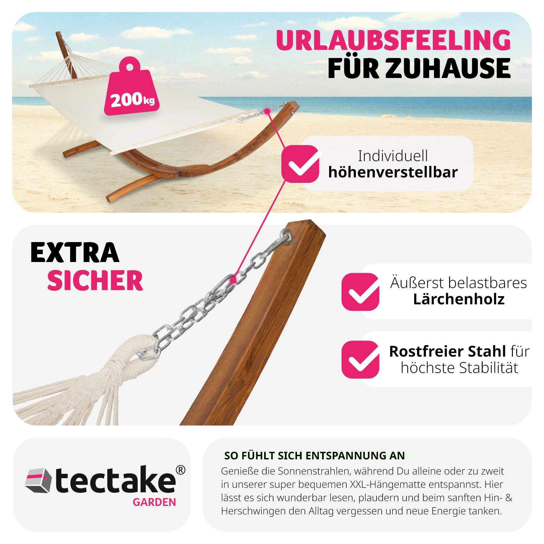 tectake® Hängematte, mit Holzgestell, für 2 Personen, Belastbarkeit 200 kg, 205 x 150 cm