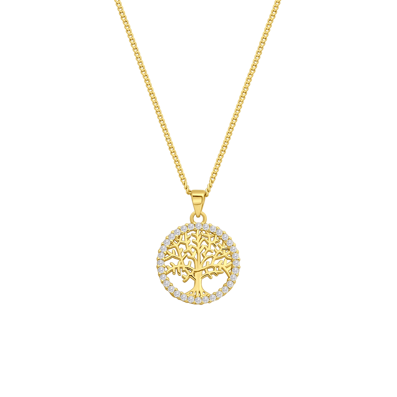 Zilveren goldplated ketting levensboom zirkonia