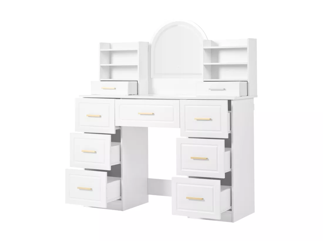 Coiffeuse avec 9 tiroirs, miroir et tabouret - 120 x 40 x 135 cm - LEDs - Panneau de particules - Blanc