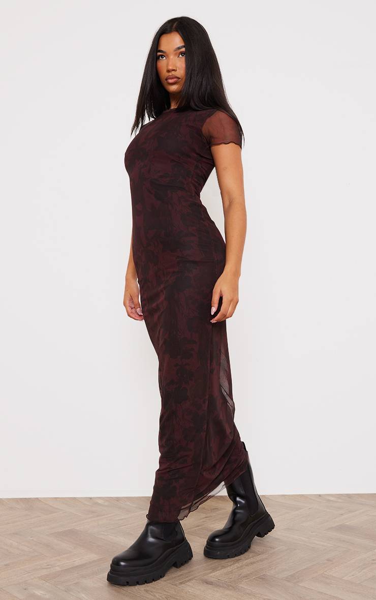 Rouge Bordeaux Robe Longue À Manches Courtes En Mesh À Imprimé Floral