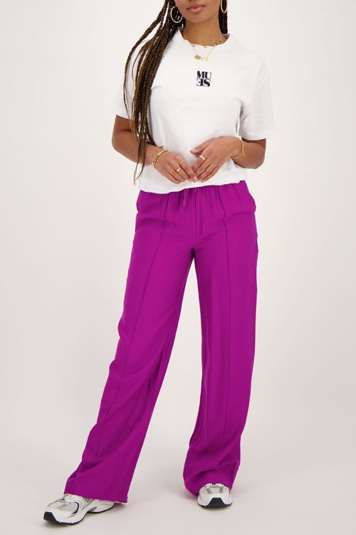 Paarse wide leg broek met pintuck en elastiek