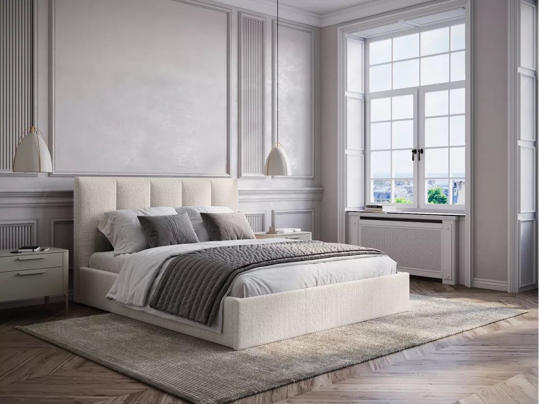 Lit coffre 180 x 200 cm avec tête de lit coutures verticales - Tissu - Beige - Avec matelas - KILACLO