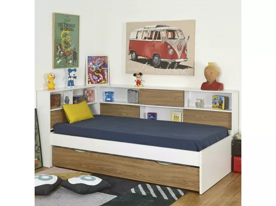Lit cosy gigogne 90x190 cm panneaux de fibres blanc et bois PLAY