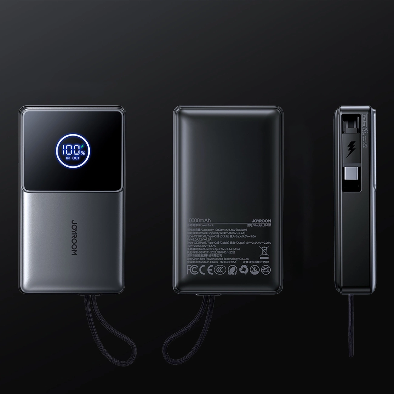 (22.5W) 10000mAh USB A / USB C Powerbank Power Delivery Ladegerät inkl. USB C Ladekabel mit LED Anzeige (JR-PR1) - Schwarz