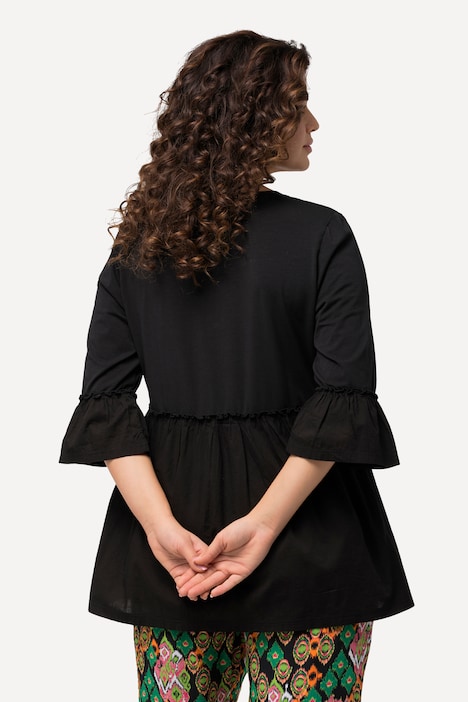 T-Shirt, Volantsaum, A-Linie, V-Ausschnitt, 3/4-Arm
