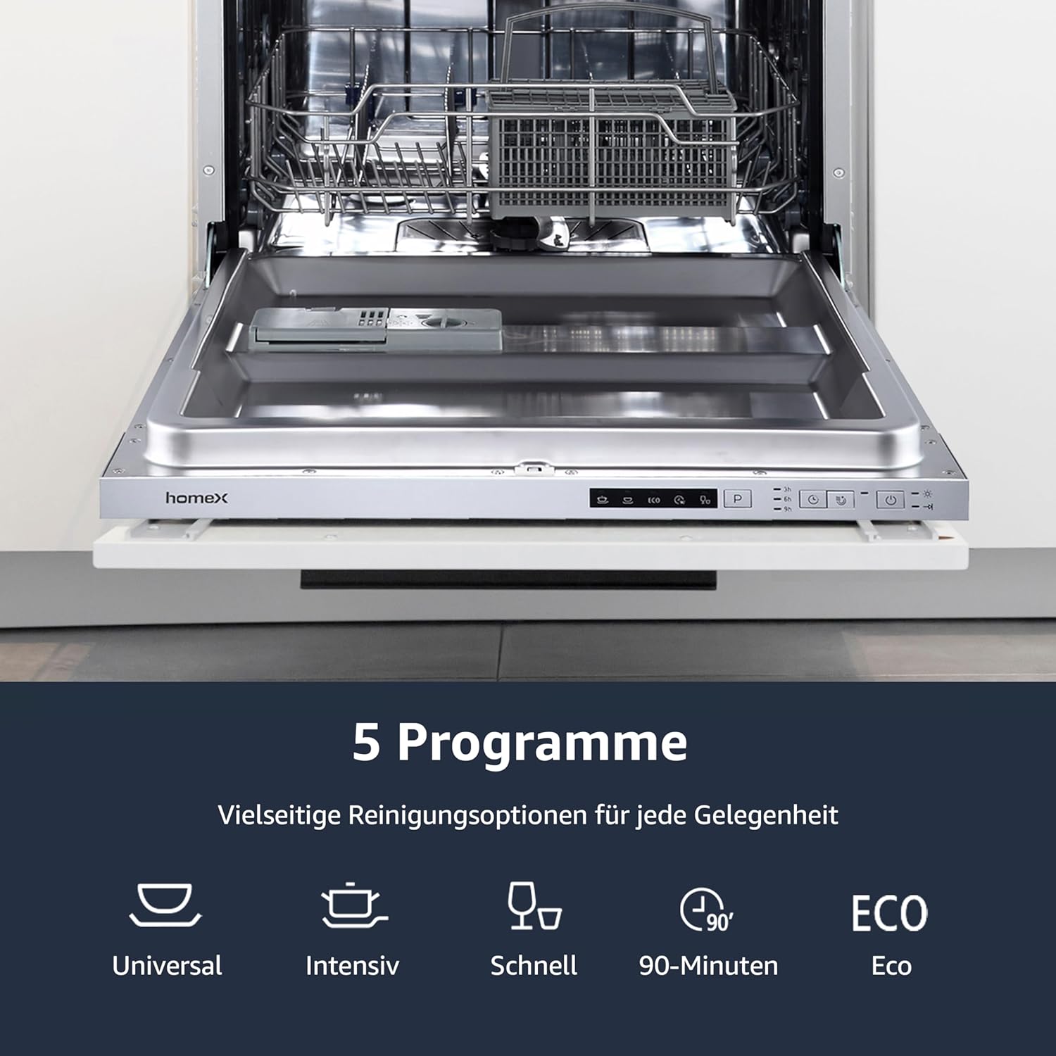 homeX Geschirrspüler vollintegriert | Einbauspülmaschine | 60 cm breit | 14 Maßgedecke | 5 Programme | Aquastop - Schutz vor Wasserschäden | höhenverstellbarer Oberkorb | GSEV6014AE
