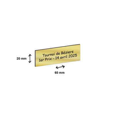 Plaque trophée personnalisée avec votre texte - 60 x 20 mm - dorée - adhésivée prête à coller sur la coupe