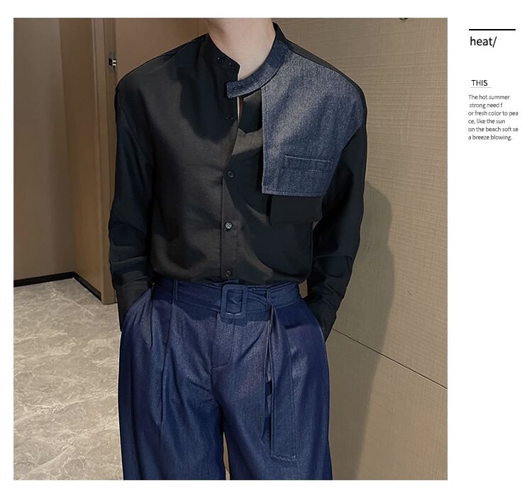 Drawouf - Overhemd met lange mouwen, opstaande kraag, denim paneel en knoopsluiting