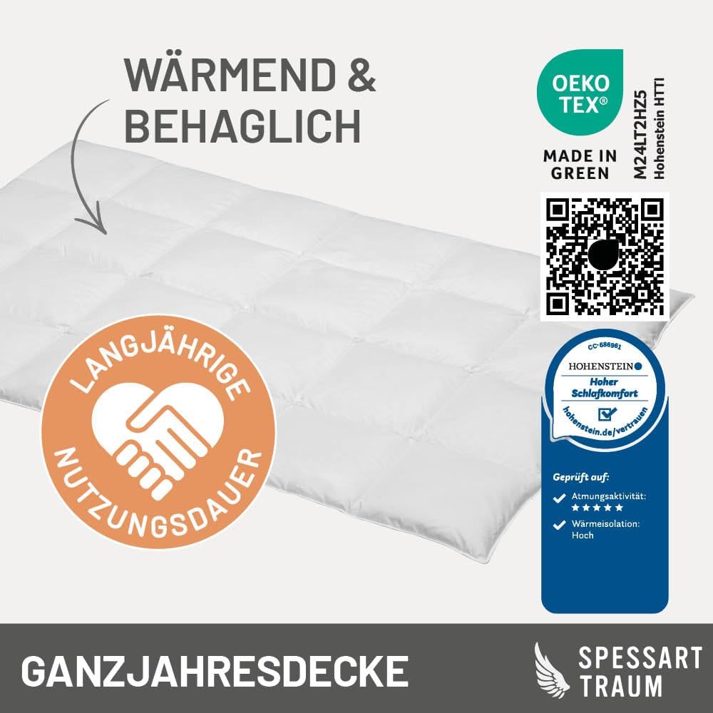 Daunendecke 155x220 cm Ganzjahr normal | 100% Daunen | 730g Füllgewicht | Allergiker geeignet (Nomite) | Oeko-TEX | Made in Germany
