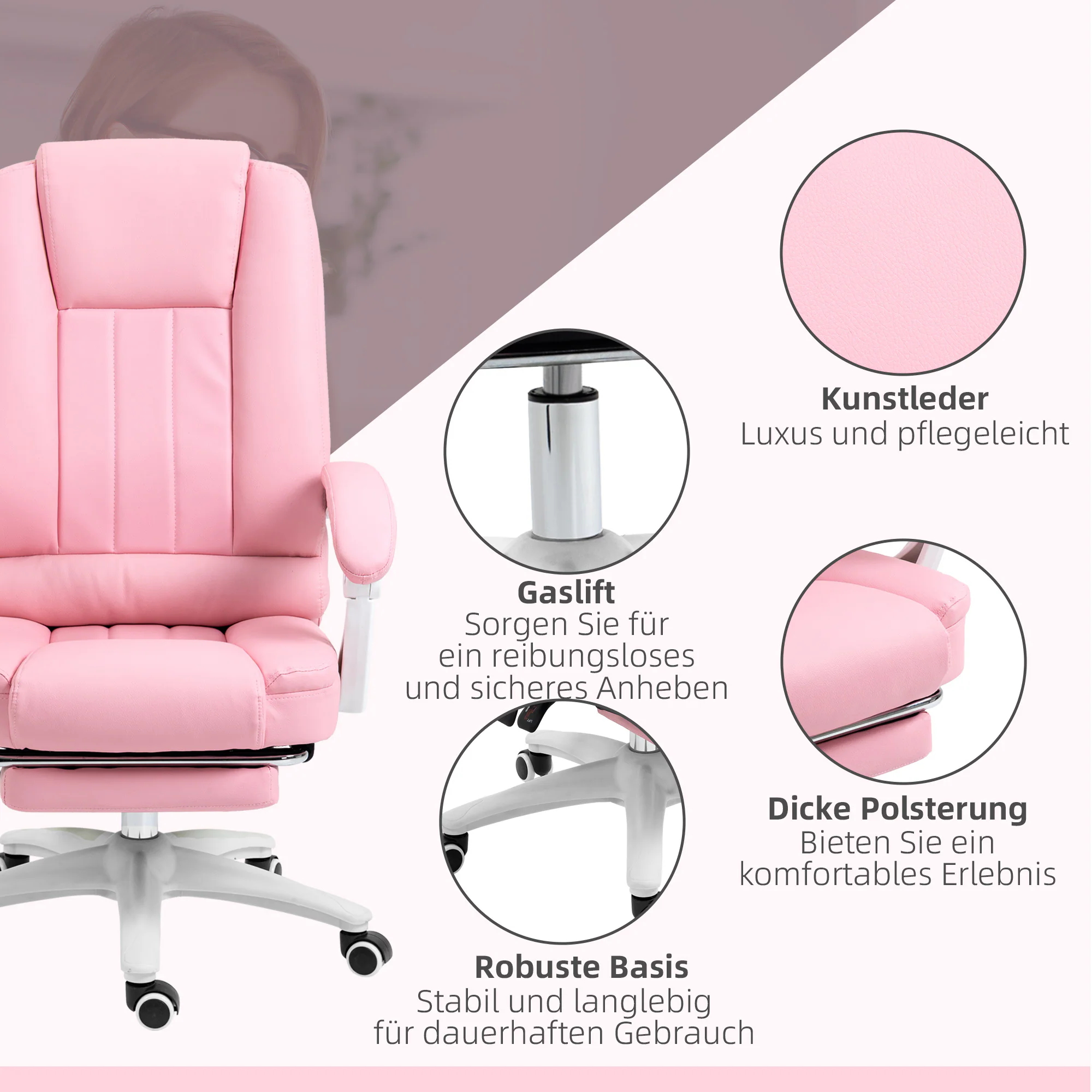 Vinsetto Bürostuhl mit Liegefunktion und Armlehnen rosa 65L x 68B x 107-116H cm