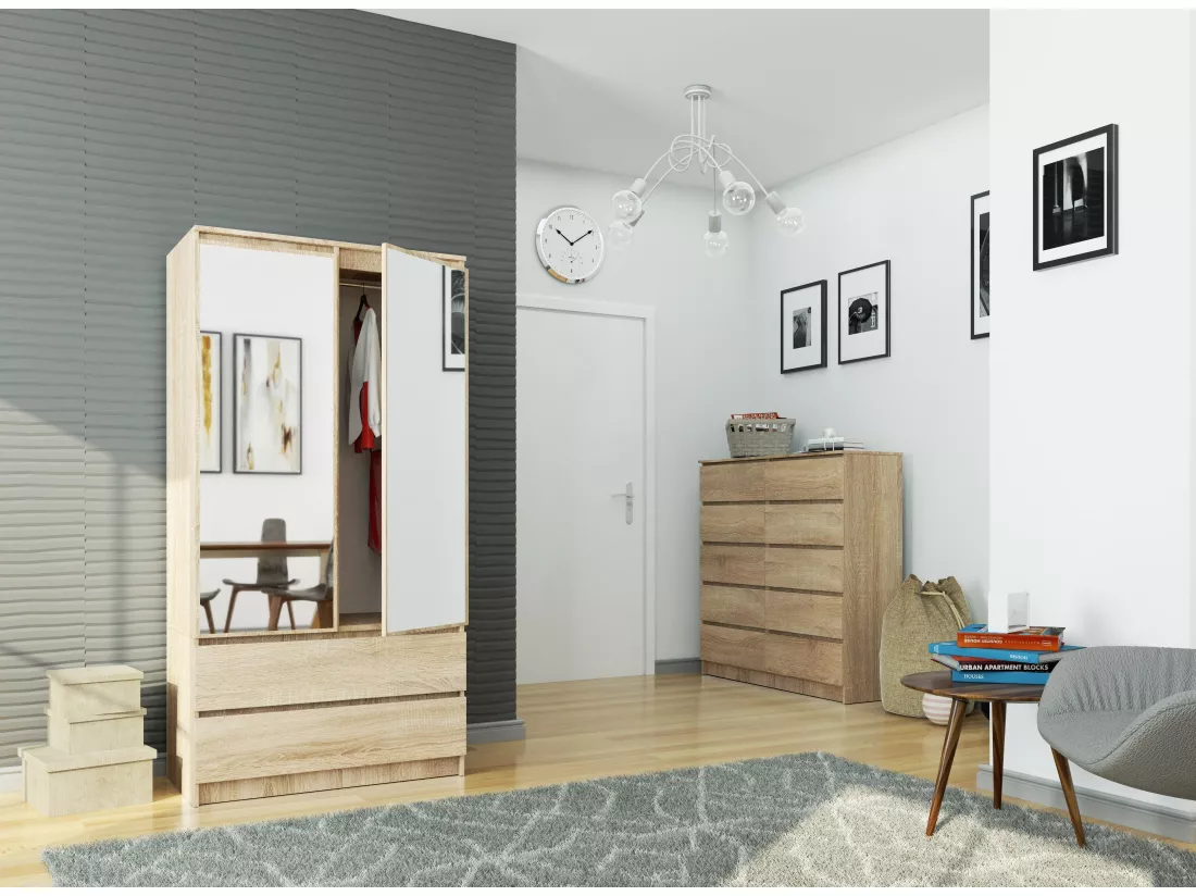 Armoire AKORD S90 avec miroir Chêne Sonoma 90 cm 2 portes 2 tiroirs façade Chêne Sonoma 4 étagères 90x51x180 cm