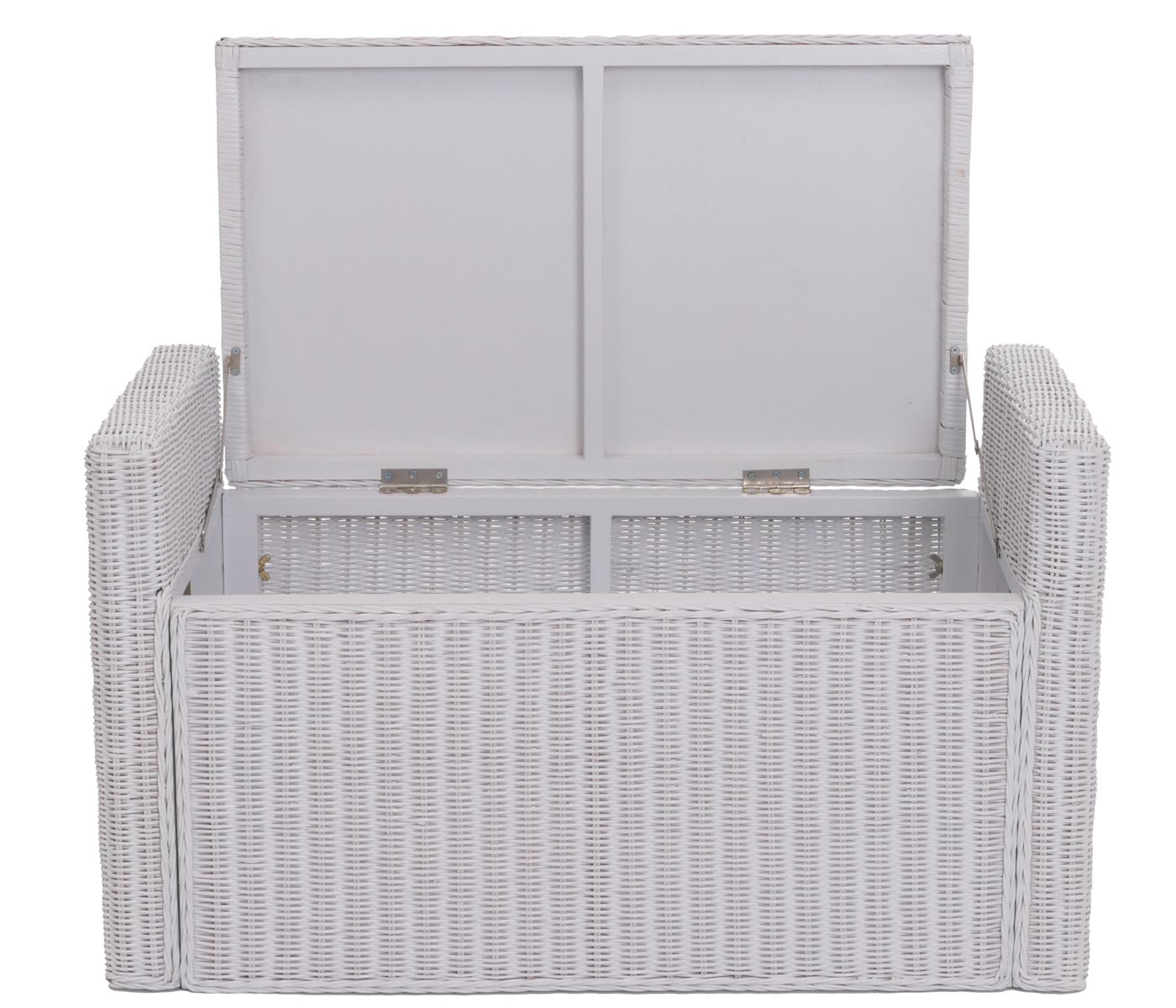 Aufbewahrungstruhe Genua, Truhe Sitzbank Garderobenbank, Kissen Kubu Rattan 88cm ~ weiß
