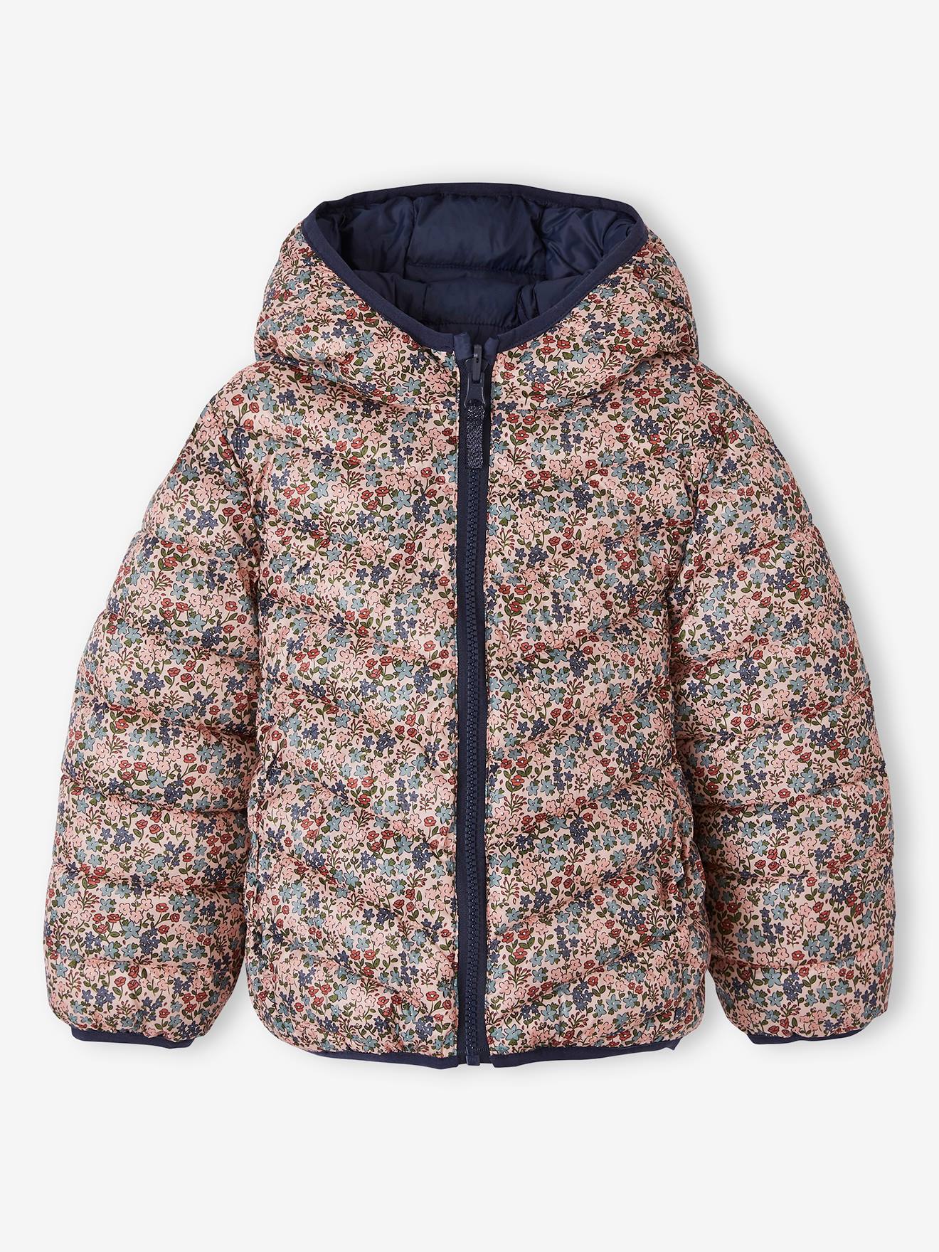 Jaqueta reversível leve com capuz para meninas, estampa rosa vibrante.