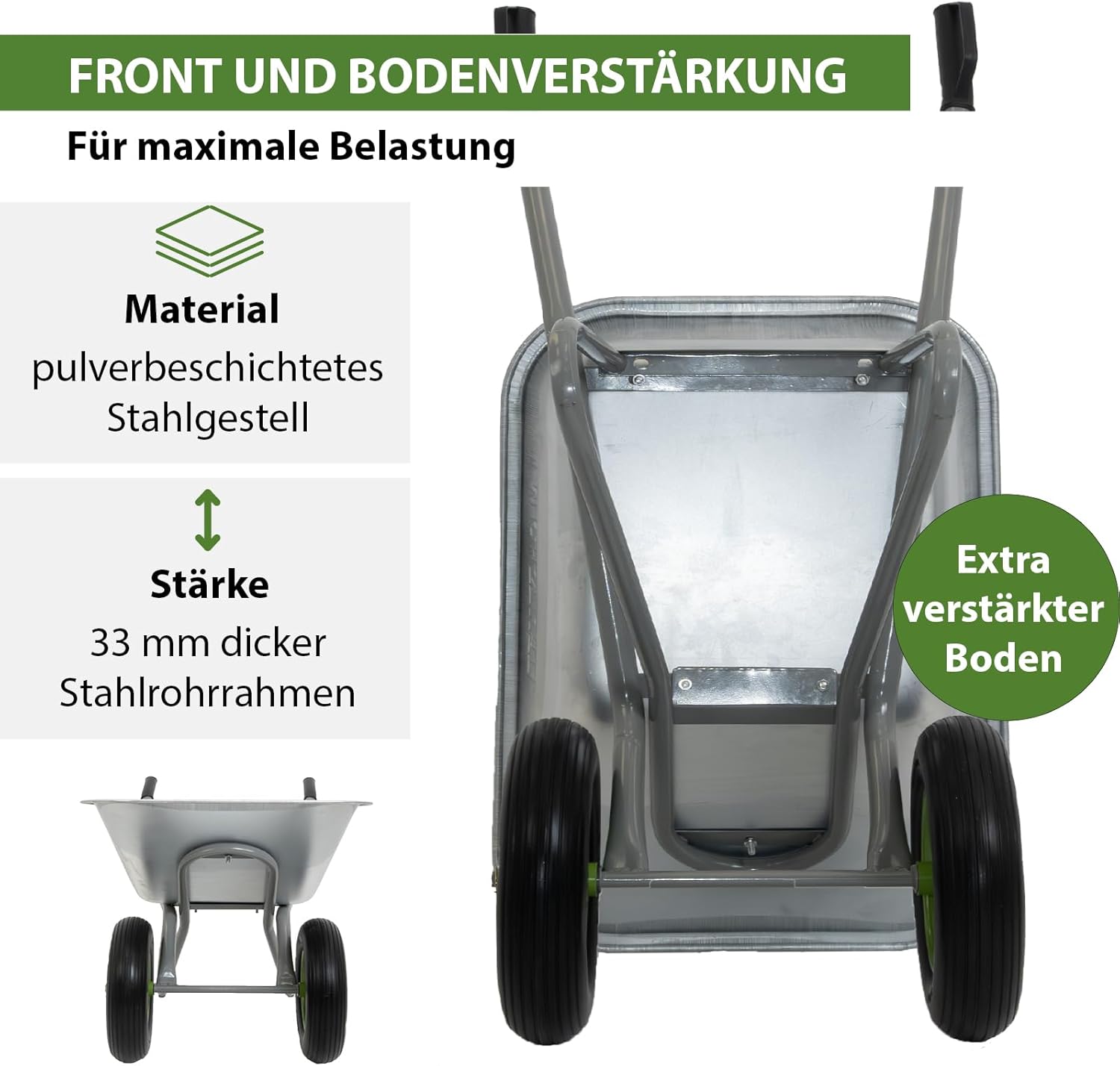 TRUTZHOLM 2-Rad Schubkarre 150L 150kg | stabile Gartenkarre Baukarre kippsicher | verzinkte Wanne | pannensichere PU-Räder | pulverbeschichteter Stahlrahmen | Sicherheitsgriffe | Zweirad