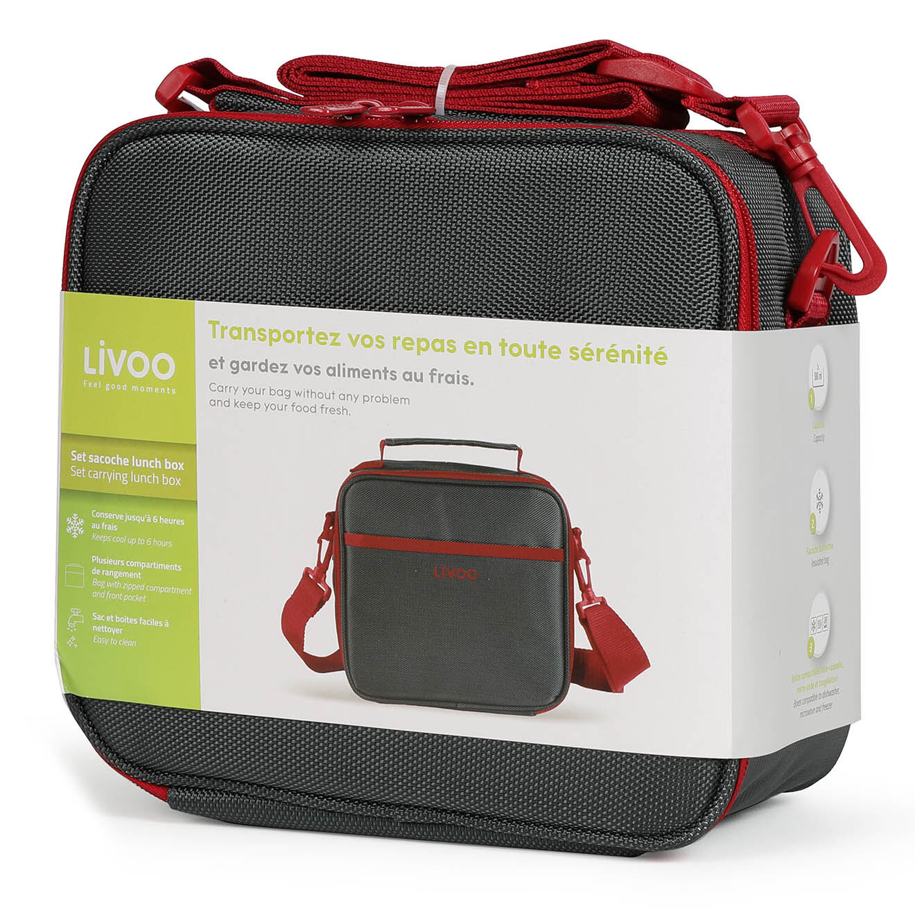 Livoo Set sacoche lunch box 580 ml gris/rouge