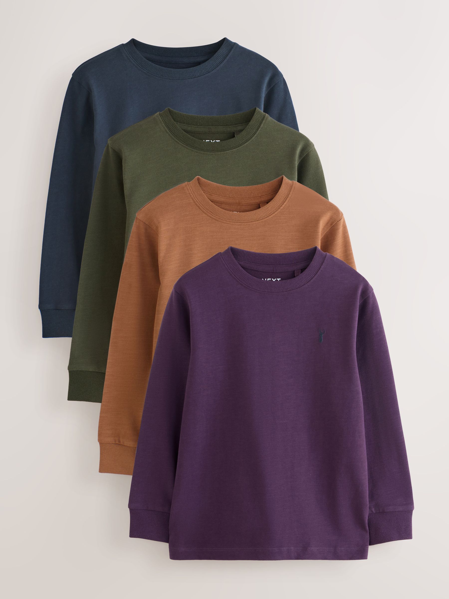 Kaki/Lichtbruin/Paars/Marineblauw - Verpakking van 4 zachte T-shirts met lange mouwen (3-16jr)