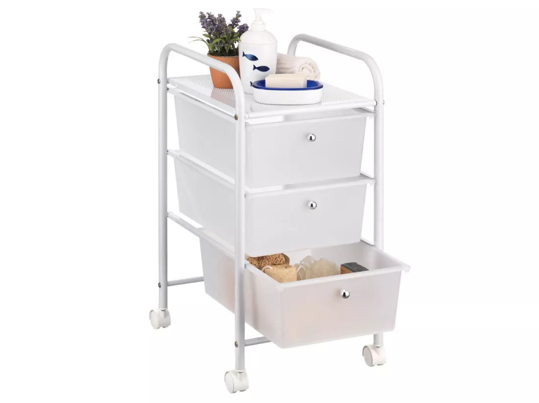 Caisson sur roulettes GINA chariot avec 3 tiroirs en plastique blanc transparent et 1 étagère, rangement salle de bain métal blanc