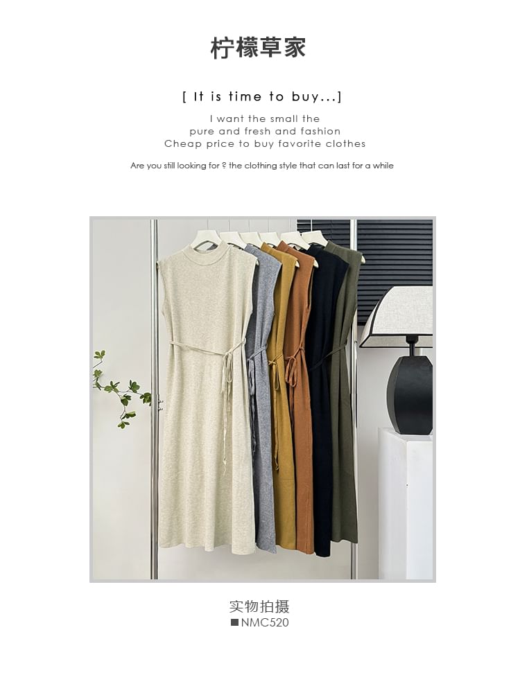 Lemongrass - Effen, losse midi-jurk met col en sjerp in 7 kleuren
