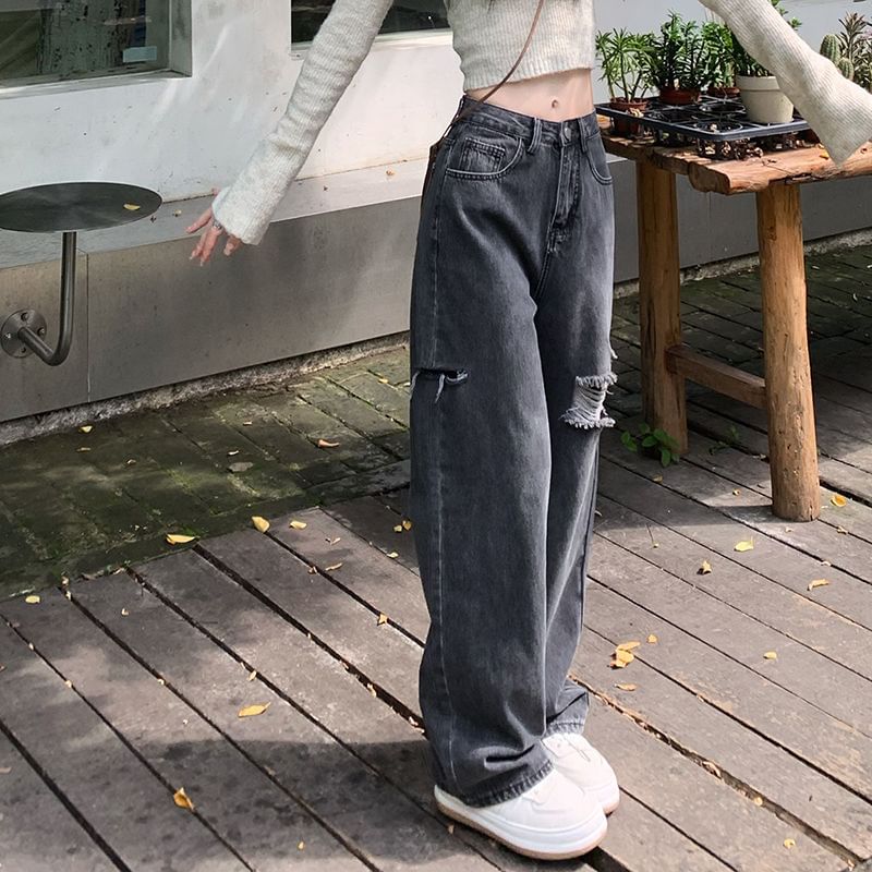 Porstina - Low-Rise Distressed Washed Loose-Fit Jeans