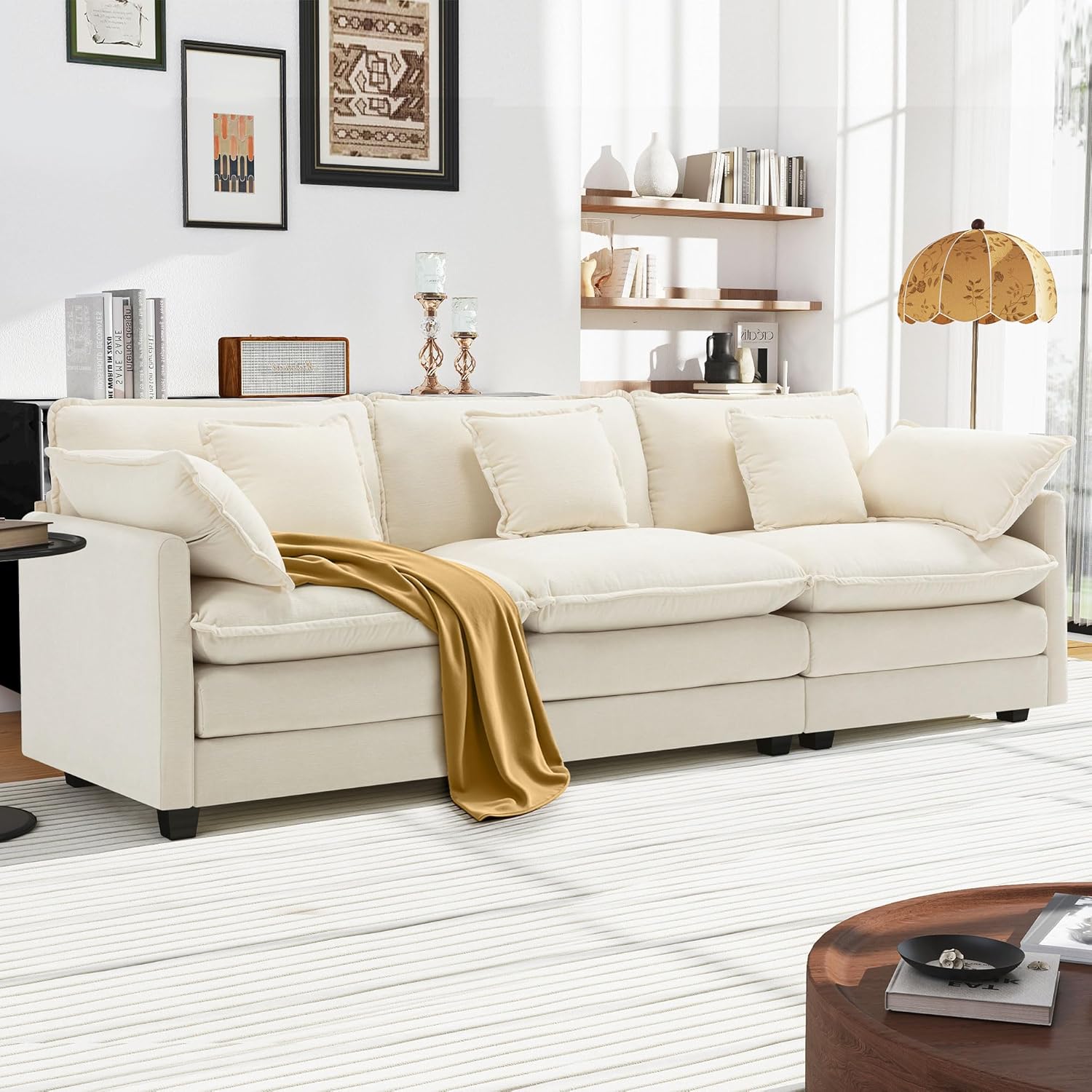 3-Sitzer Cloud Sofa, Bequeme Doppelsitzkissen, Modernes Sofa mit Armlehnen/Dekokissen, Atmungsaktivem Chenille-Stoff, Couch für Wohnzimmer, Beige