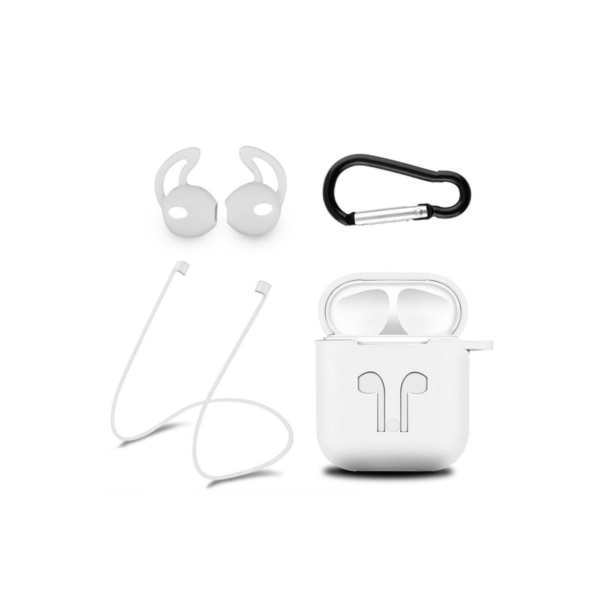 Silikonsett for Airpods, silikonetui, stropp, ørepropper i silikon, karabinkrok, hvit