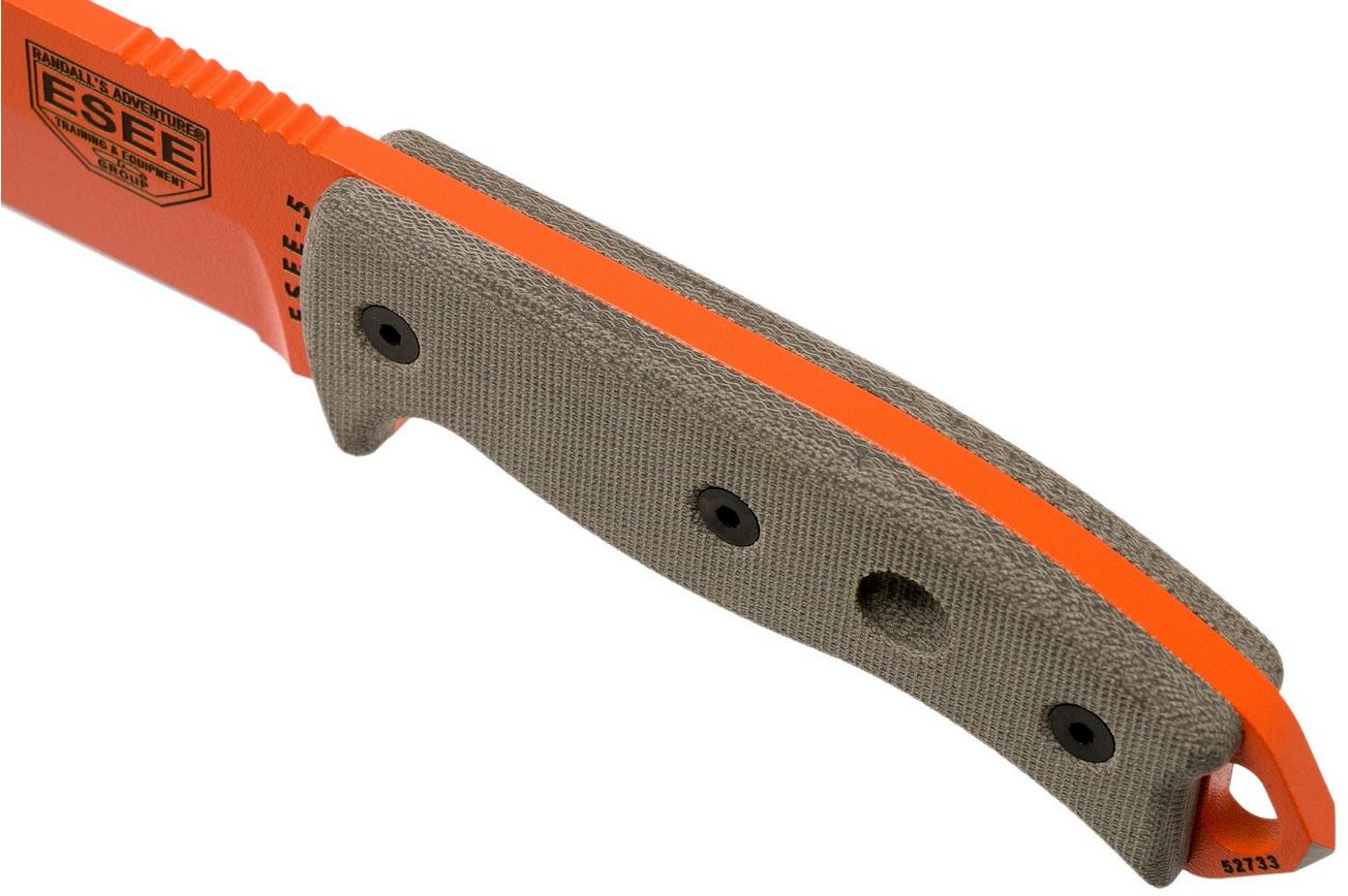 ESEE Model 5 Orange 5POG OD Green Micarta survivalmes met kydex schede   riemclip