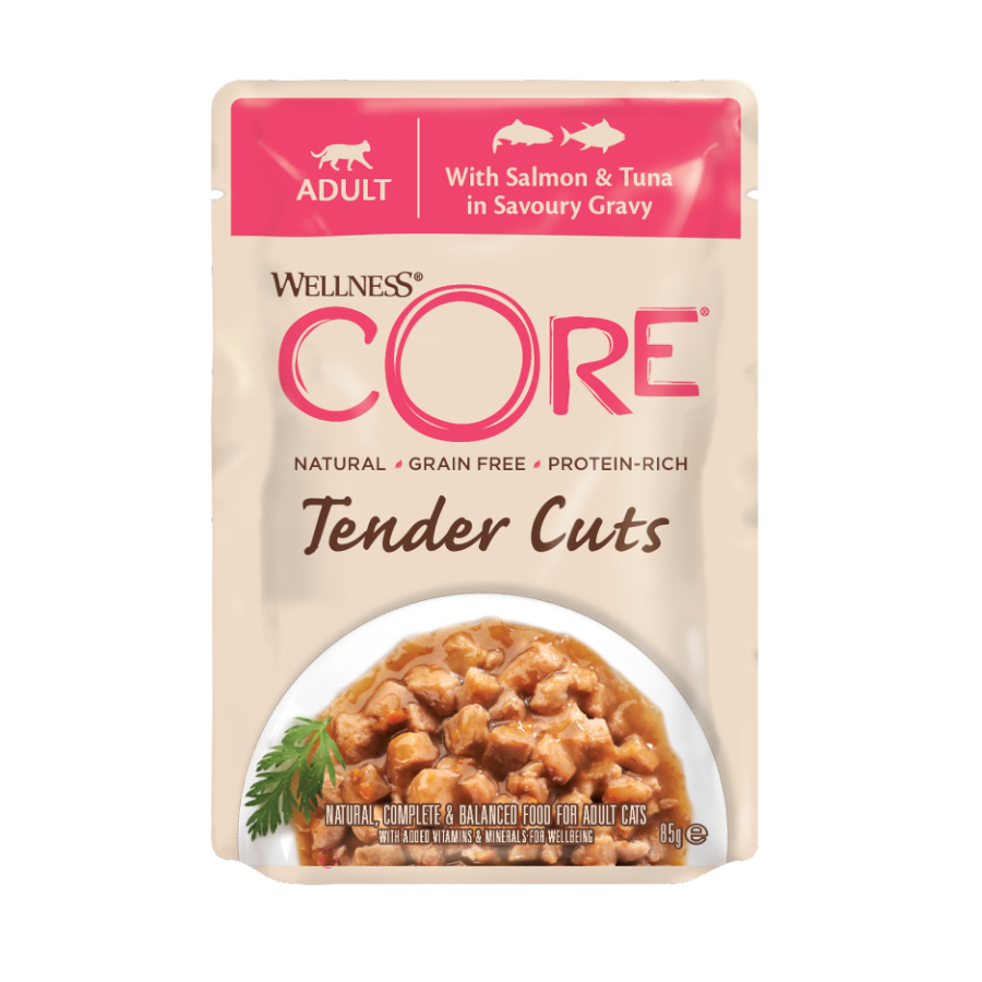 Sachê de 85g de Wellness Core Tender Cuts com salmão e atum em molho para gatos