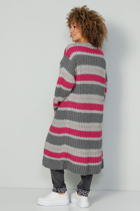 Long-Strickjacke, geringelter Rippstrick, offene Form. Langarm.
