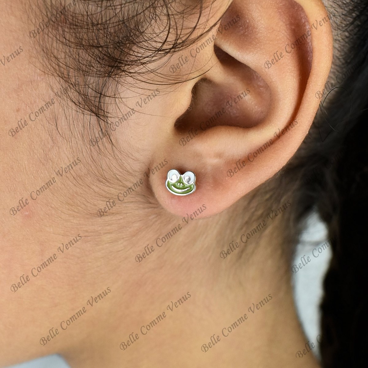 Boucles d'oreilles grenouille émail coloré vert Argent 925 Rhodié