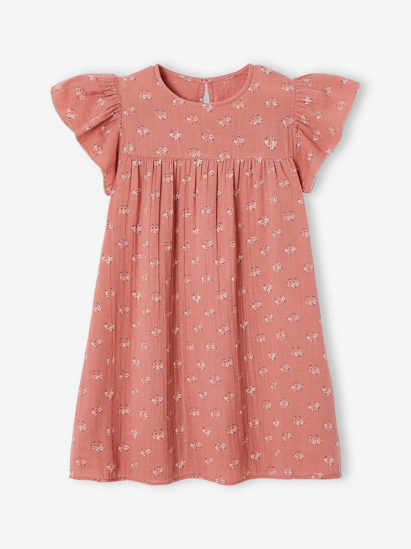 Vestido infantil de chiffon de algodão estampado com mangas borboleta, na cor verde-água.