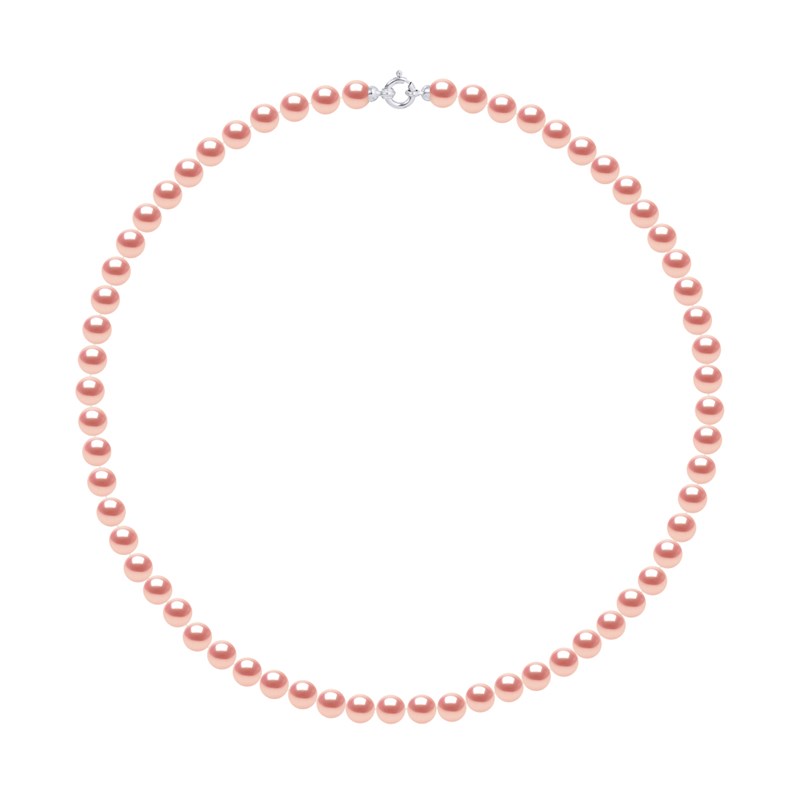 Collier Rang PRINCESSE Perles d'Eau Douce Rondes 7-8 mm Rose Naturel Fermoir Prestige Or Blanc 18 Carats