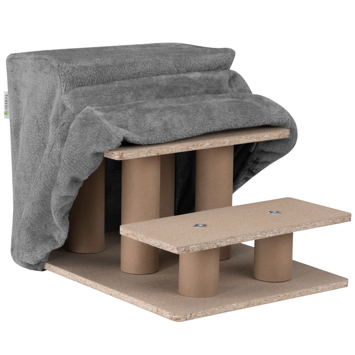 Juskys Haustiertreppe Timmy 36 cm, 3 Stufen Plüsch Grau waschbar– Hundetreppe für Bett, Sofa, Auto